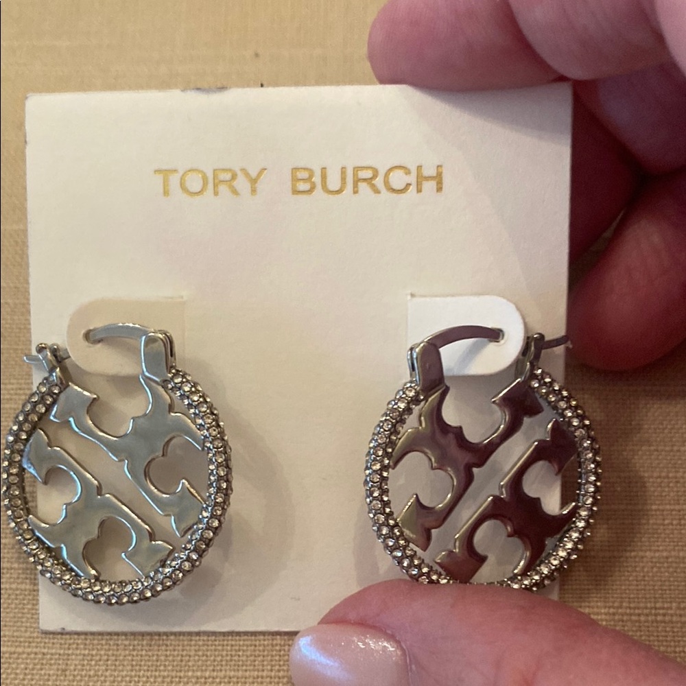 Tory Burch Silver-Tone Logo Hoop Earrings with Crystal Border
